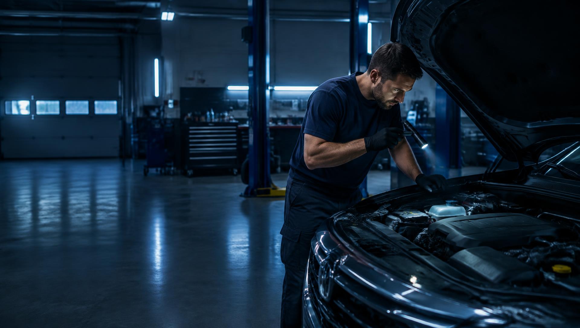 Técnico a inspecionar o motor de um veículo